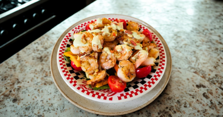 Quick Keto Hot Shrimp Salad with Avocado Dressing